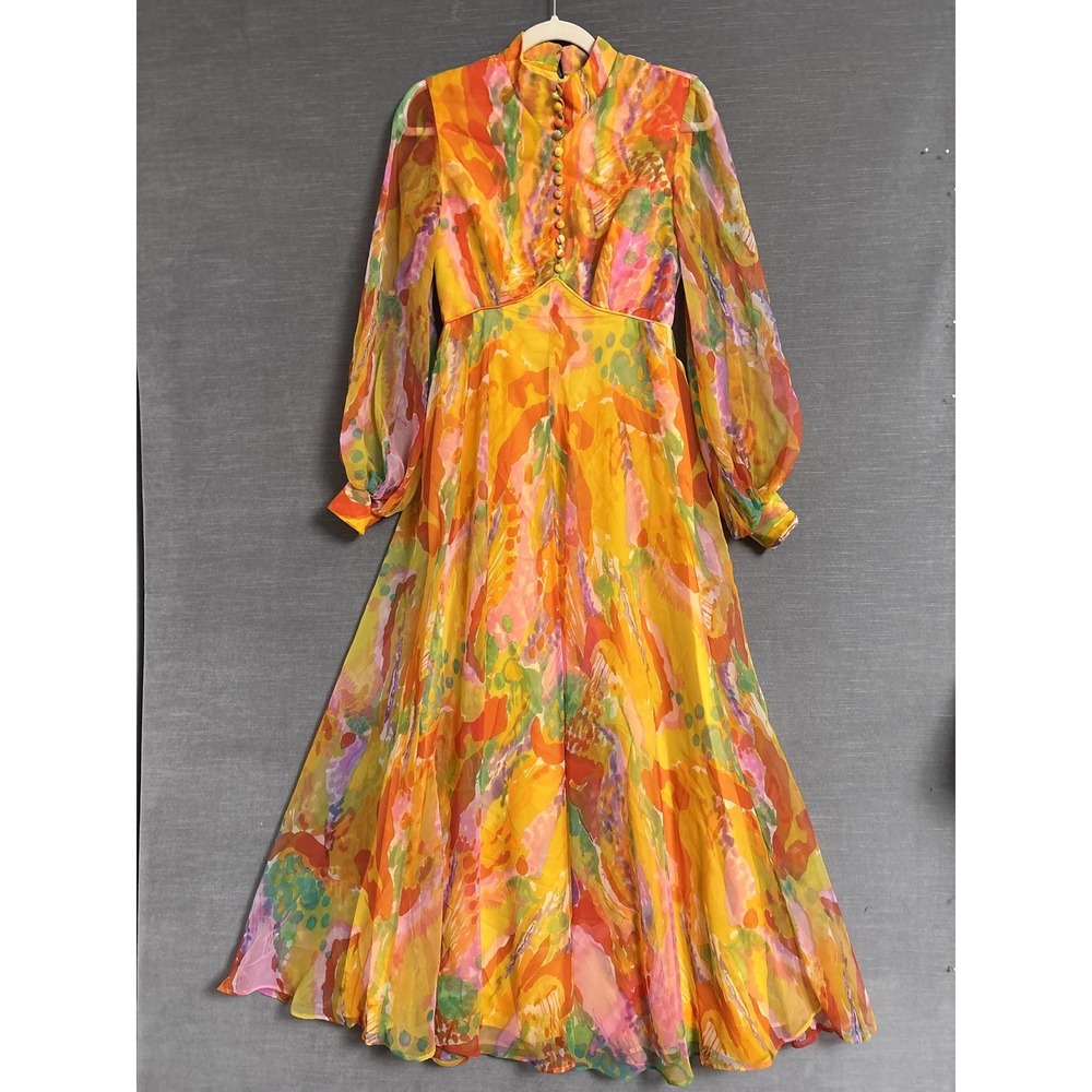 Vintage Jack Bryan Dress XS 70s Watercolor Chiffon Maxi Hostess Gown Psychedelic